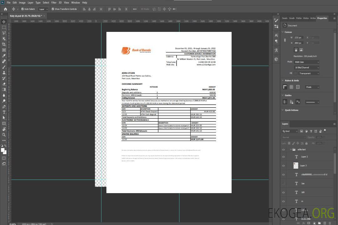 Relevé bancaire de la Mauritius Bank of Boroda template Relevé bancaire de la Mauritius Bank of Boroda template